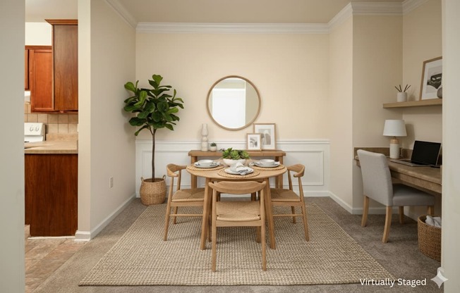 A dining room with a round mirror and a dining table with chairs.