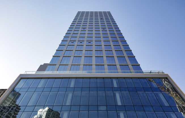 looking up at the south facade of one madison plaza in downtown at The Paxton, Brooklyn
