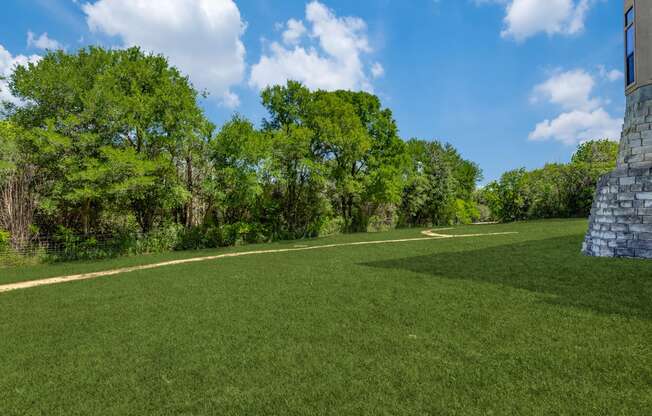 a large grassy field with trees and a building on the side