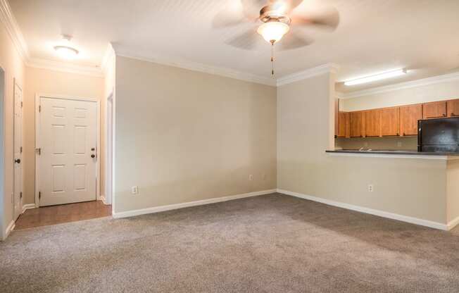 Well-lit living room with plush carpet flooring at Angel Landing apartments in Pensacola, FL