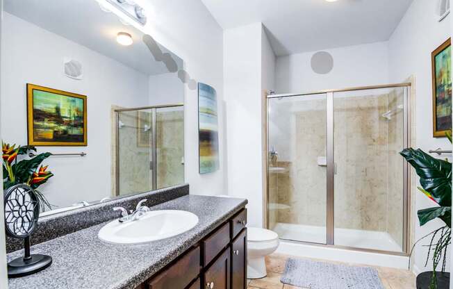 A bathroom with a sink, mirror, and shower.