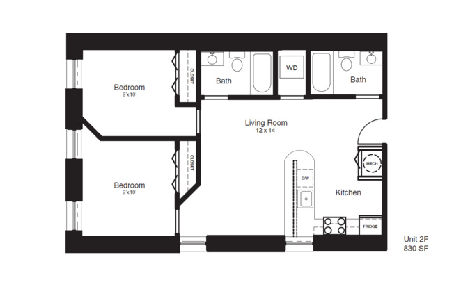 2 beds, 2 baths, 830 sqft, $1,475, Unit 2F