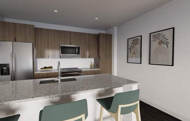 A kitchen with a granite countertop and a refrigerator with a water dispenser.at The Liliana Apartment Homes, Pooler, 31322