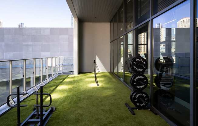 a room with an indoor grassy area and a view of the water