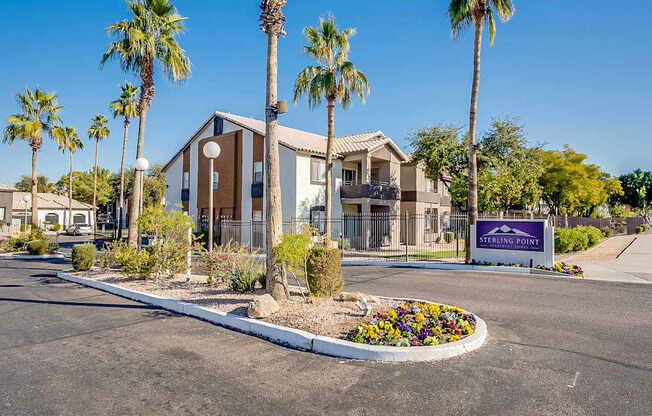 Sterling Point is a residential complex with a front sign and palm trees at Sterling Point Apartment Homes, Arizona, 85042