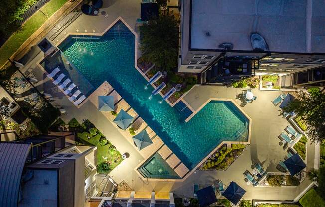 arial view of a resort pool at night