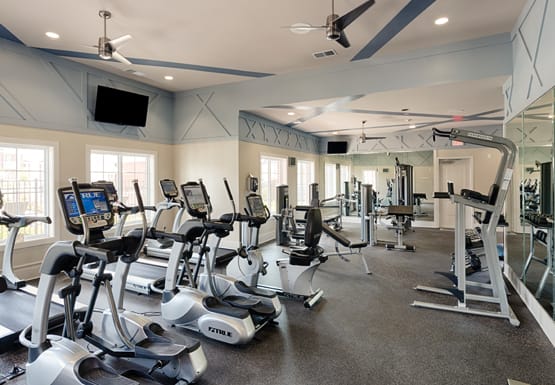 Fitness center with cardio equipment; flat screen TV