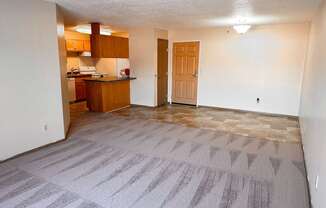 A room with a kitchenette and a door.