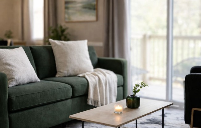A living room with a green couch, a white pillow, a lit candle on a table, and a black chair.