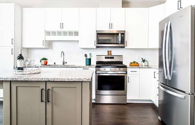 Modern kitchen with sleek stainless steel appliances, granite countertops, a built-in dishwasher, and a stylish gas range. Minnetonka, MN.