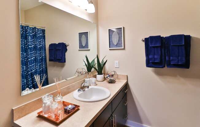 a bathroom with a sink and a mirror and blue towels