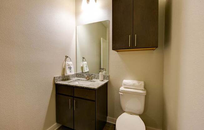 a bathroom with a toilet sink and mirror  at Fusion, Jacksonville, FL, 32256