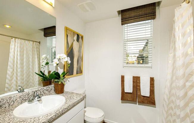 Bathroom with a window and glass mirror and a shower with a towel rack and sink