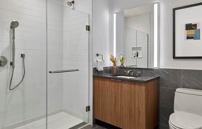A modern bathroom with a walk-in shower, a wooden vanity, and a toilet.