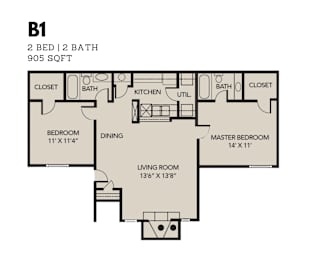 2 beds, 2 baths, 905 sqft, $1,581