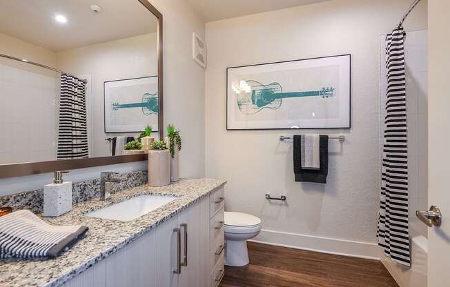 Upscale bathroom with vanity storage at The Exchange Luxury Apartments in St. Petersburg, FL