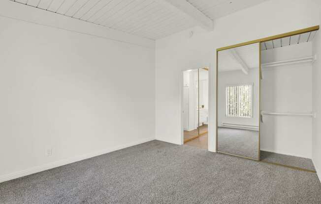 an empty room with a mirror and carpet at Willow Tree Apartments, California, 90505