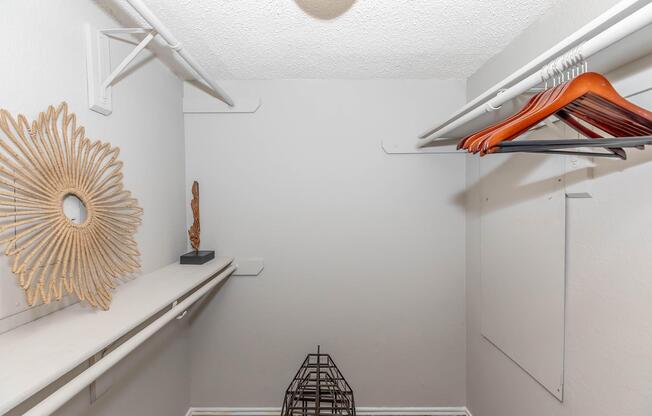 A spacious, empty closet with white walls and a light fixture. Two hanging rods with wooden hangers are on one side, while a decorative circular wall piece and a small black object are displayed on a shelf. A wire basket sits on the floor, contributing to the minimalist design.