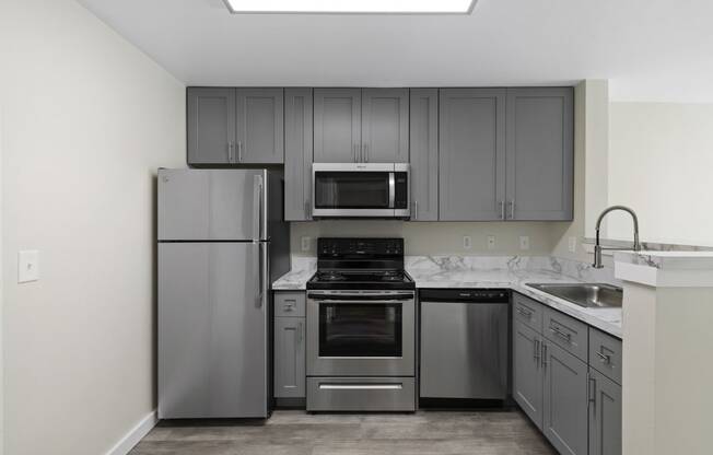 a Kitchen with Gray Cabinets, Stainless Steel Appliances, and Plank Flooring at Excalibur Apartment Homes, Bellevue, 98004