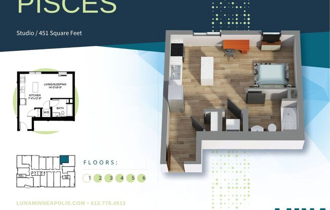 Studio, 1 bath, 451 sqft, $1,295, Unit 612