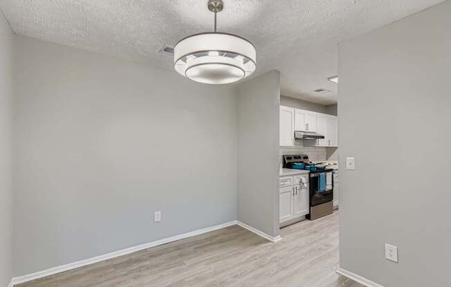 A kitchen area with a white ceiling light.