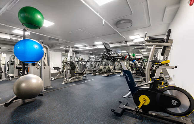 a gym with weights and other exercise equipment in a building