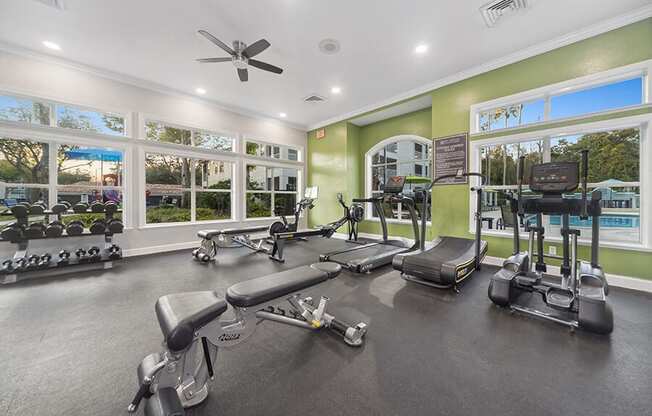 Community Fitness Center with Equipment at Vinings at Hunter's Green Apartments in Tampa, FL.