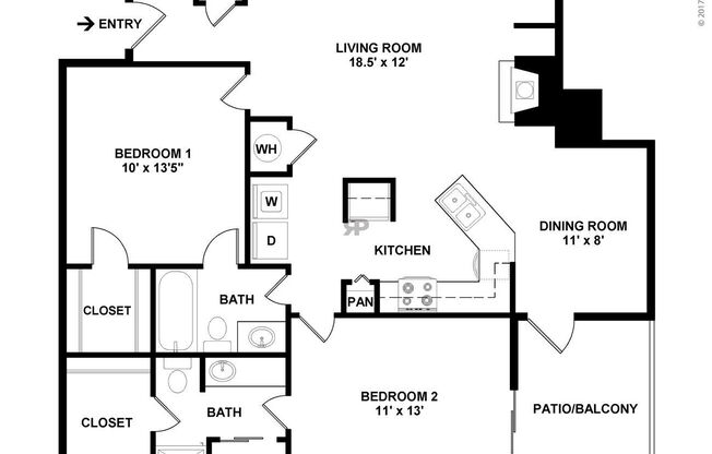 2 beds, 2 baths, 988 sqft, $1,219