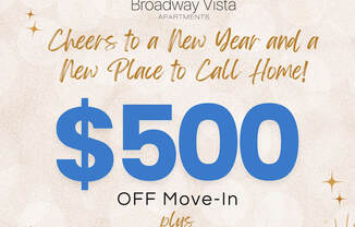 A promotional image for Broadway Vista Apartments offering $500 off move-in and waived admin fee.