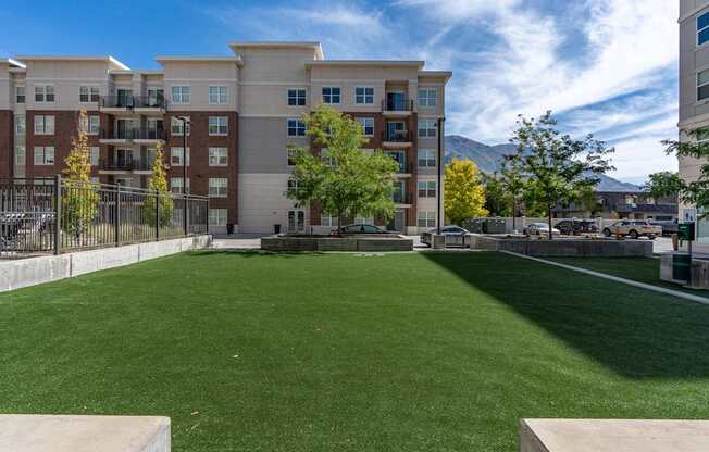 a lawn in front of an apartment building with green grass