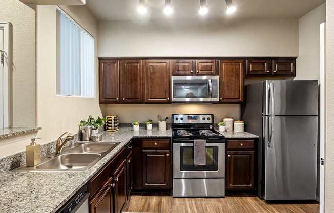 A modern kitchen with dark wood cabinets and stainless steel appliances.