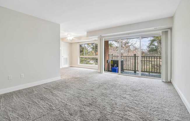 A spacious room with grey carpeting and a sliding glass door leading to a balcony.