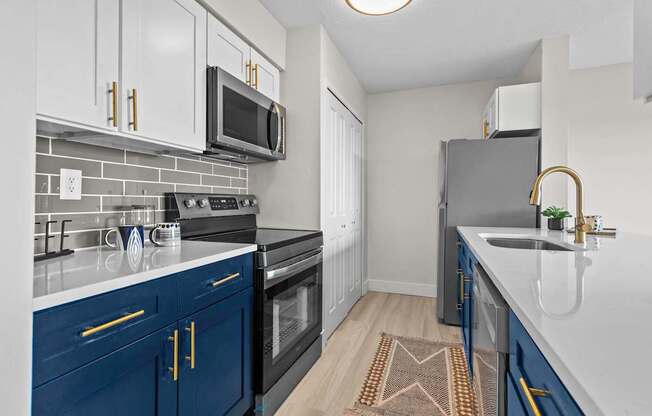 A kitchen with a black oven and blue cabinets.