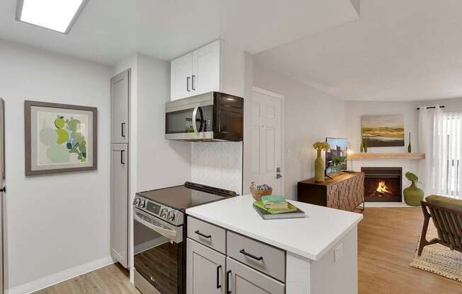 A modern kitchen with a wood stove in the living room.