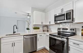 A modern kitchen with white cabinets and stainless steel appliances.