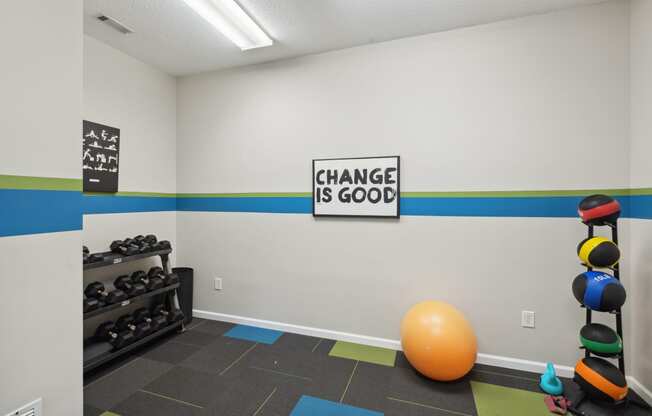 a fitness room with an orange ball and a sign that says change is good