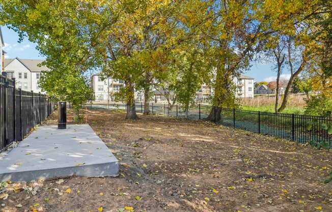 a park with trees and a concrete slab in front of a fence