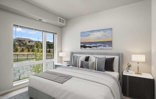 Two BR Apartments in Lakeville MN - Lakeside Flats - Carpetted Bedroom, Unfurnished, with Light Grey Walls, Large Windows, and Overhead Lighting
