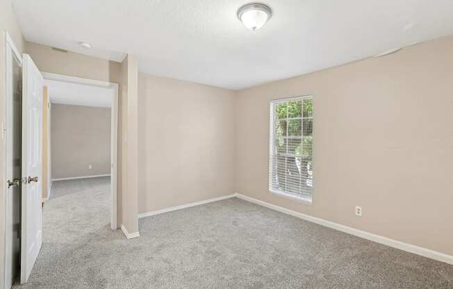 A room with a carpeted floor and a window with blinds.