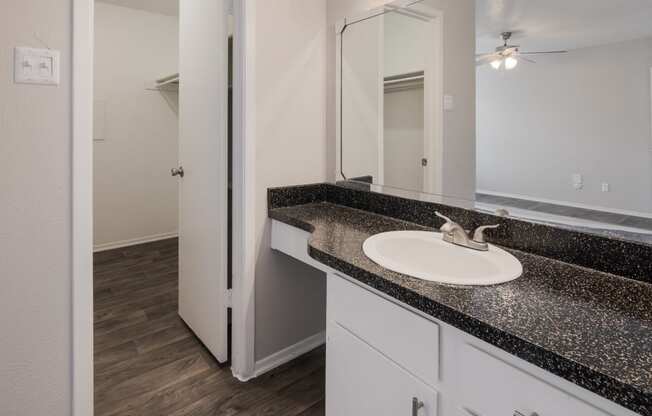 Bathroom Sink and Closet at Preston Villas Apartment Homes, Dallas, Texas, TX