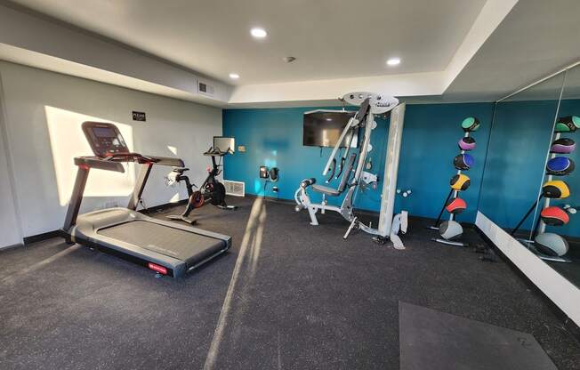 a gym with exercise equipment and a tv on the wall