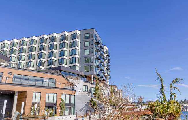 Front view of stunning apartment building with large windows at Marina Square, Bremerton