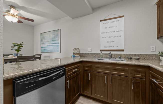 a kitchen with a counter top and a dishwasher