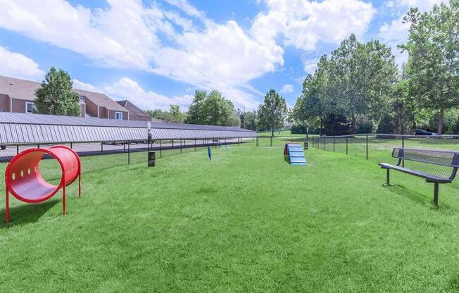 a dog park with a seesaw and benches in the grass