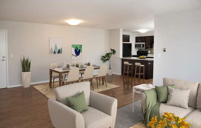 A living room with a dining table and chairs.at Prosper West, Waite Park