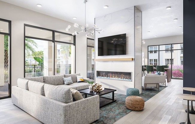 a living room with a couch and a fireplace