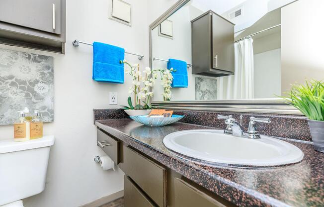 furnished bathroom with granite countertops