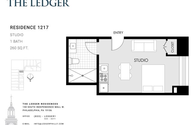 Studio, 1 bath, 260 sqft, $1,500