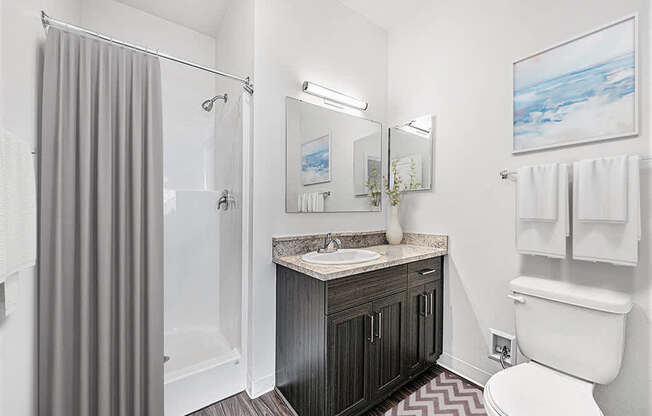 A bathroom with a sink, toilet, and shower at Dodson Pointe Apartment Homes, Rogers