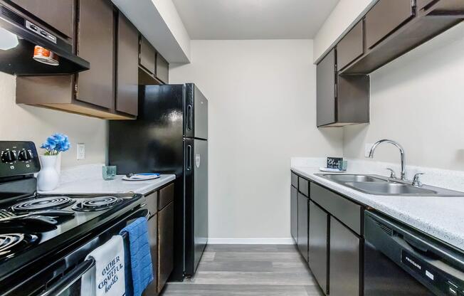 a kitchen with a stove and a sink